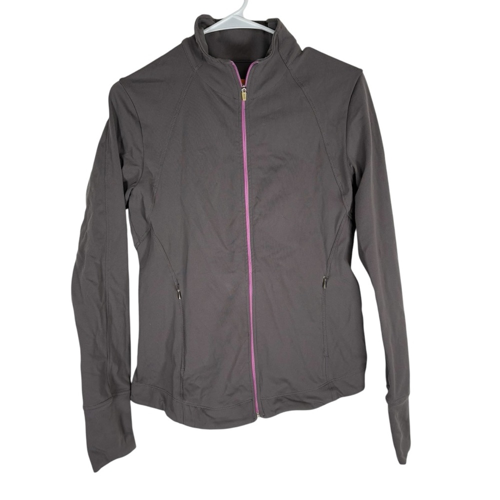 Lucy Womens Medium Full Zip Up Define Jacket Zipper Pockets Gray Pink Trim